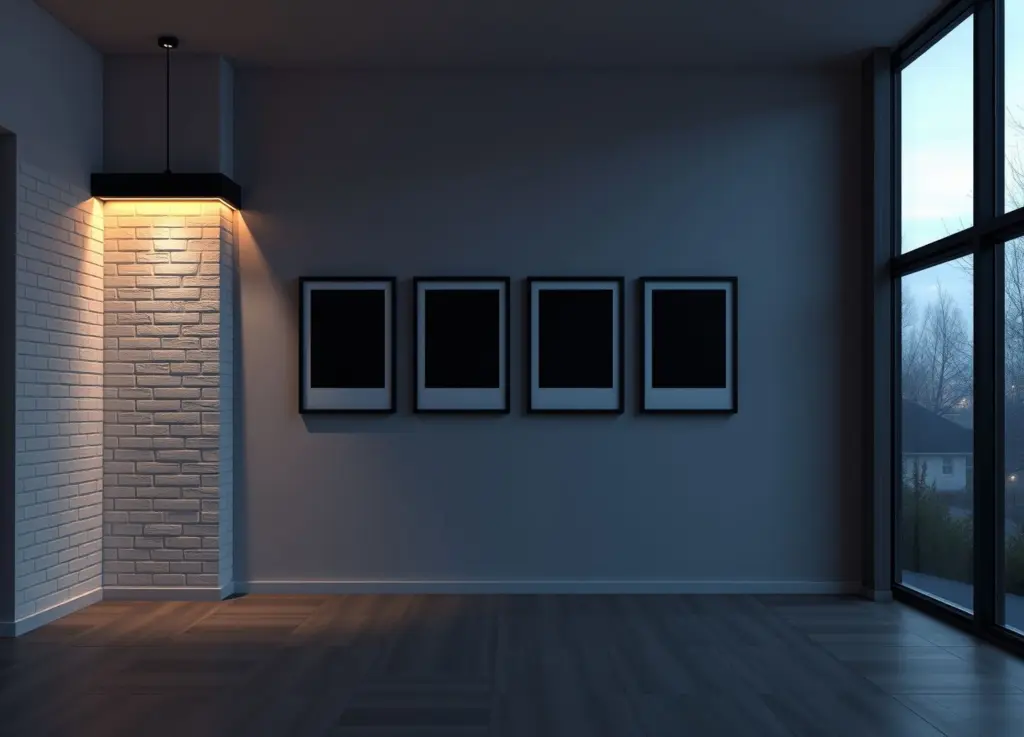 Modern living room wall with posters and brick detail.