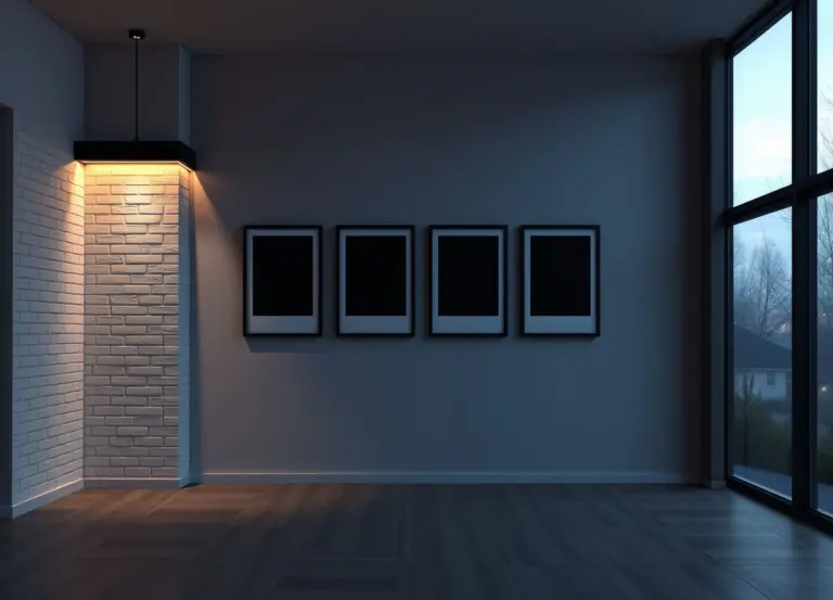 Modern living room wall with posters and brick detail.
