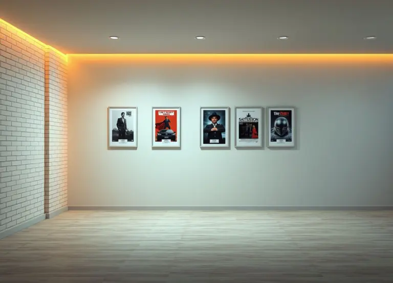 Modern interior wall with framed movie posters and brick accent.