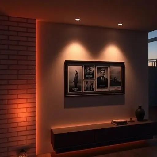 Modern living room wall with movie posters and brick detail.