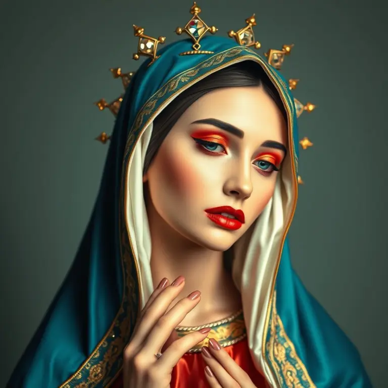 The Blessed Virgin Mary with bright lips, piercings, and bold makeup.