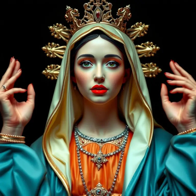 Blessed Virgin Mary with bold makeup and piercings.