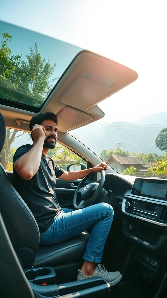 Malay man in jeans and black t-shirt in a Toyota Wish, village background.