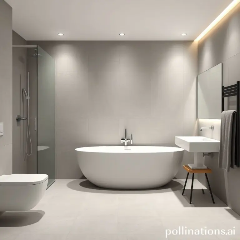 Minimalist modern bathroom with light gray tiles and ambient light.
