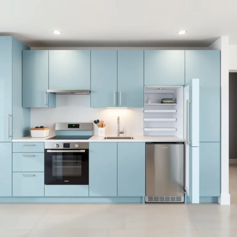 Minimalist kitchen with light blue cabinets and integrated appliances.