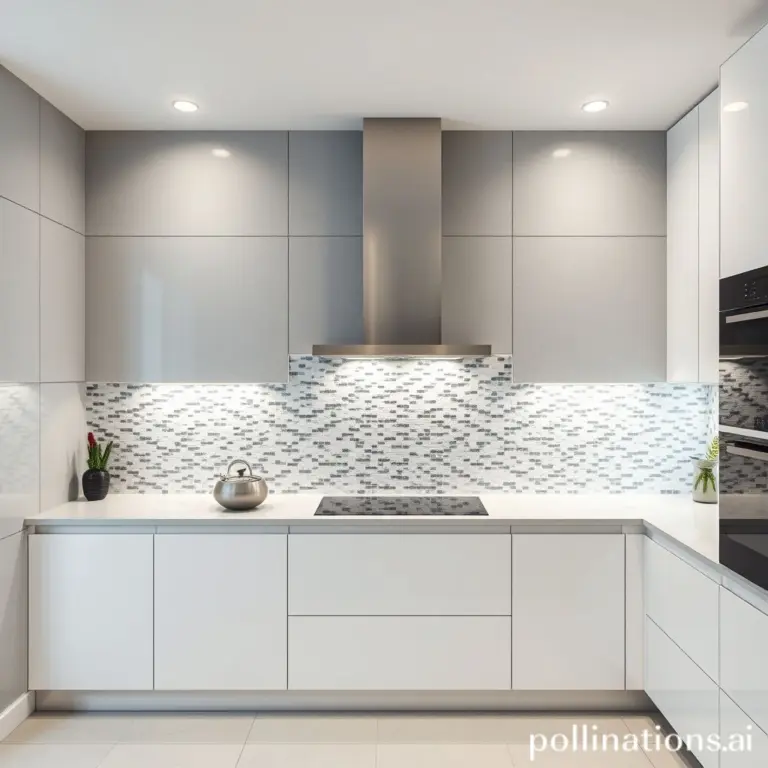 Modern kitchen interior with gray tiles and white cabinets.