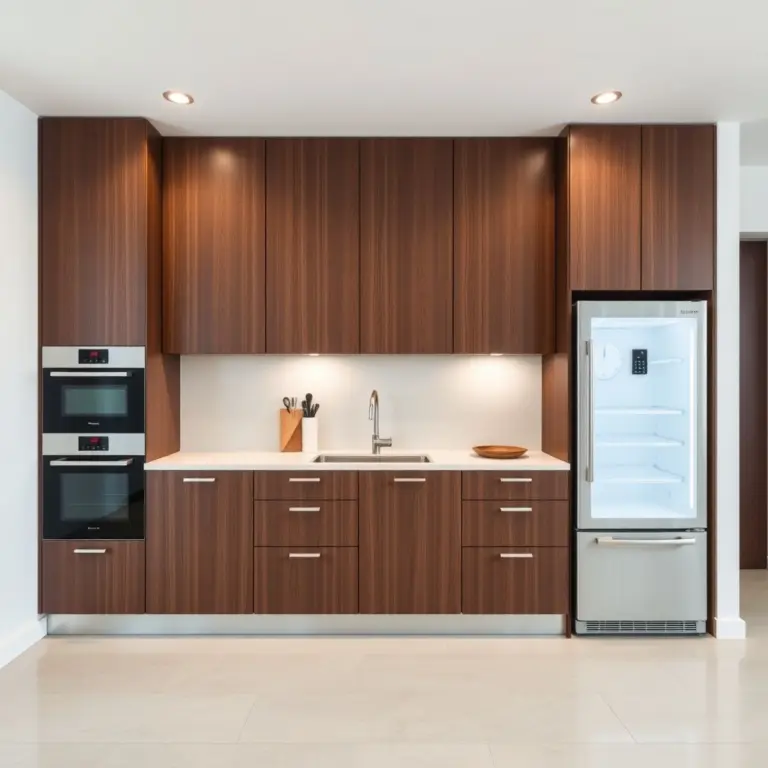 Minimalist kitchen with dark wood cabinets and built-in appliances.
