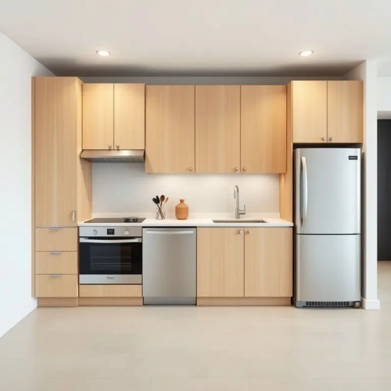Minimalist kitchen with light wood cabinets and integrated appliances.
