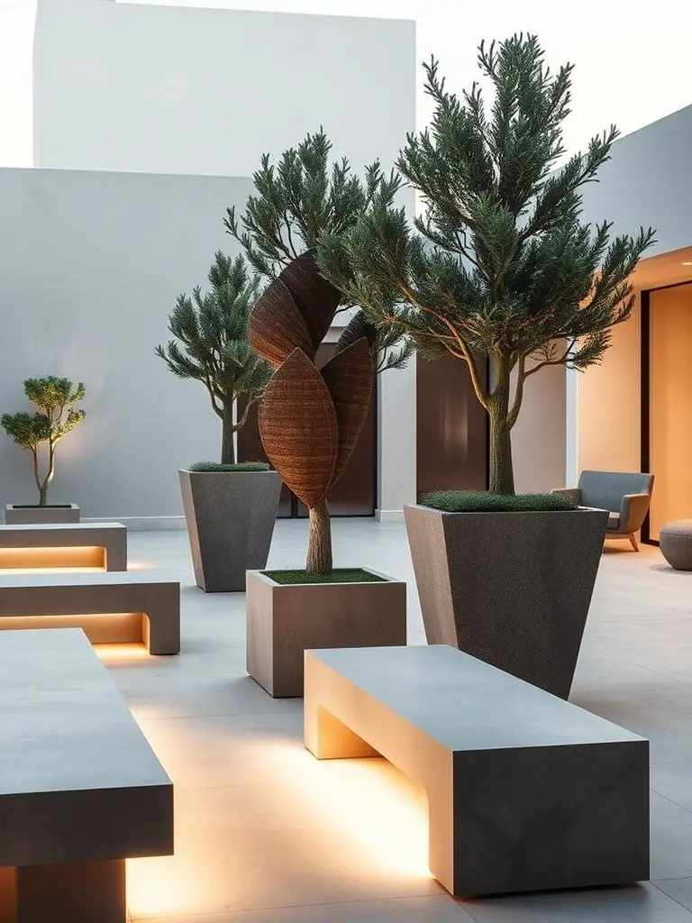 Minimalist outdoor lounge with concrete benches and sculptural trees.