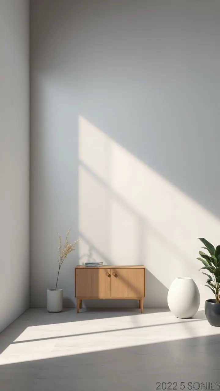 Minimalist interior with soft lighting and subtle shadows.