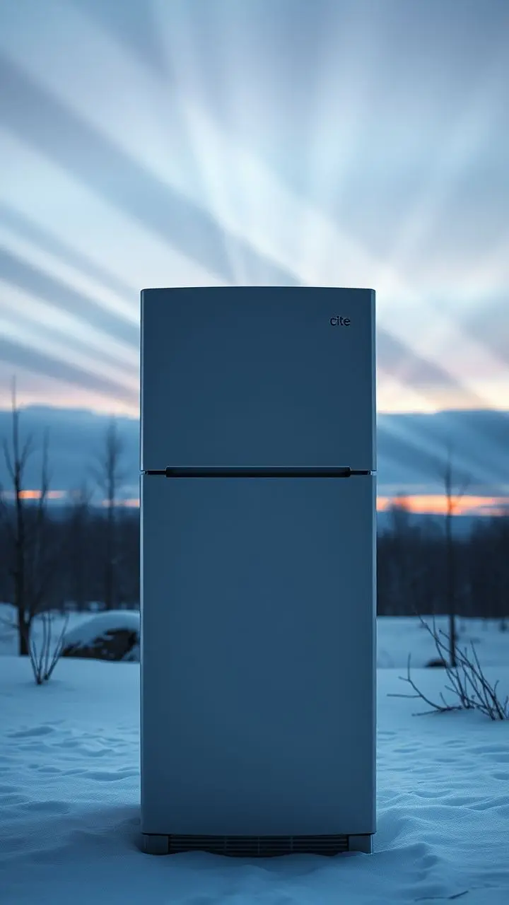 Modern refrigerator in a snowy landscape at dusk with fractured light beams.