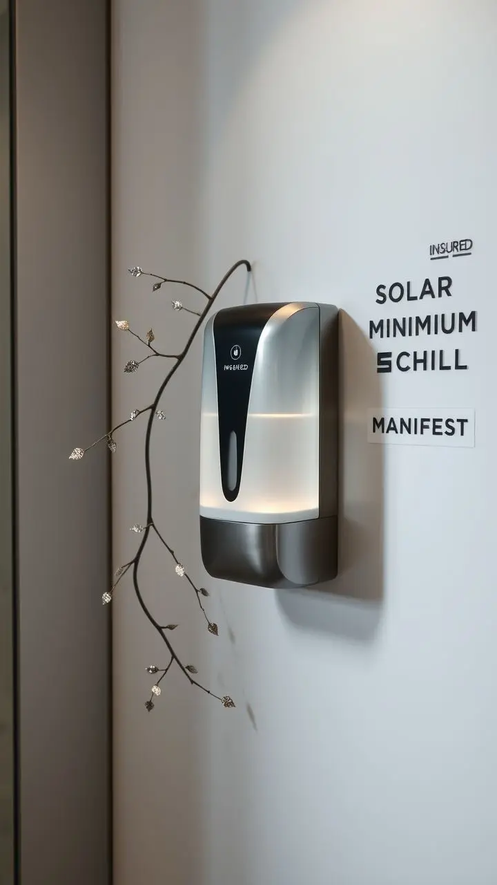 Sleek soap dispenser with vines and foil accents in a modern restroom.