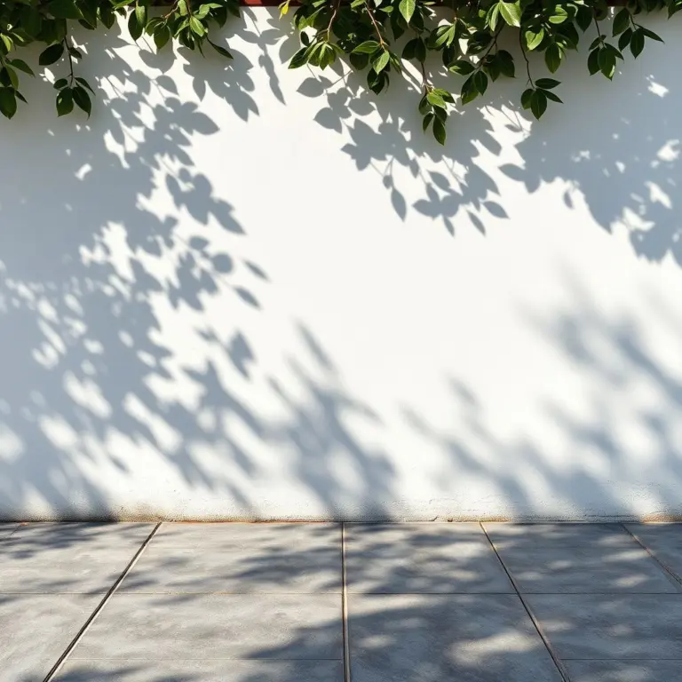 Close-up of a white stucco wall with dappled sunlight and shadows, next to dark gray textured tiles.