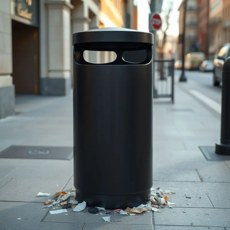 Modern black trash can on a city sidewalk with litter.