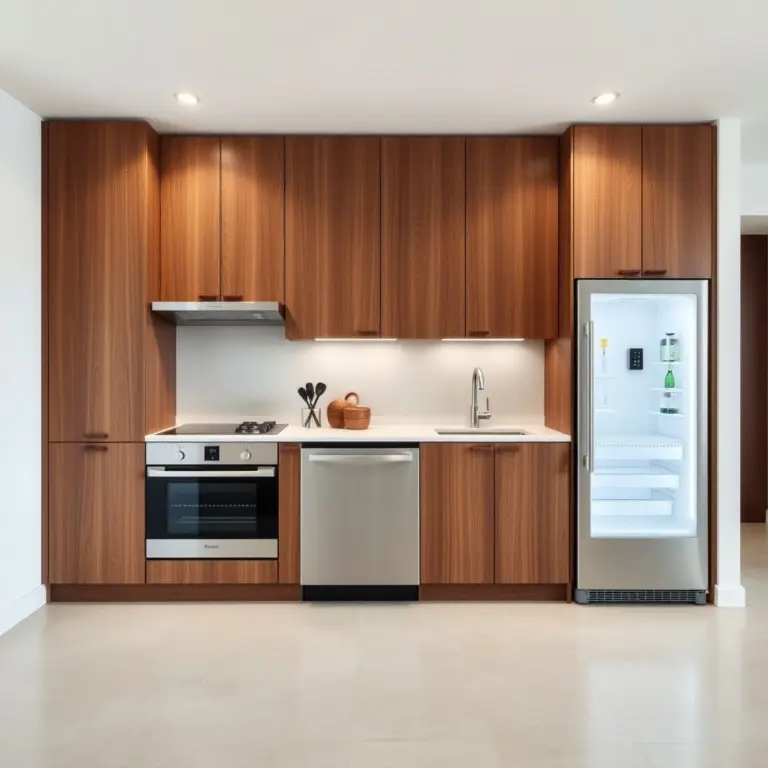 Minimalist kitchen with walnut cabinets and appliances.