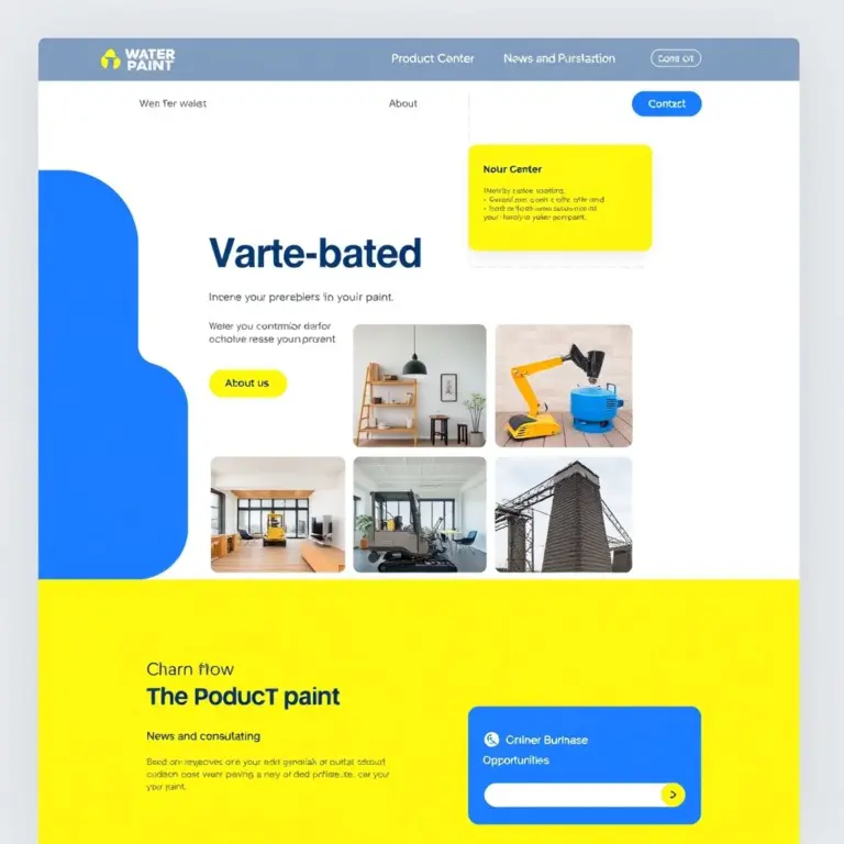 Website homepage design with white, blue, yellow, and green colors.