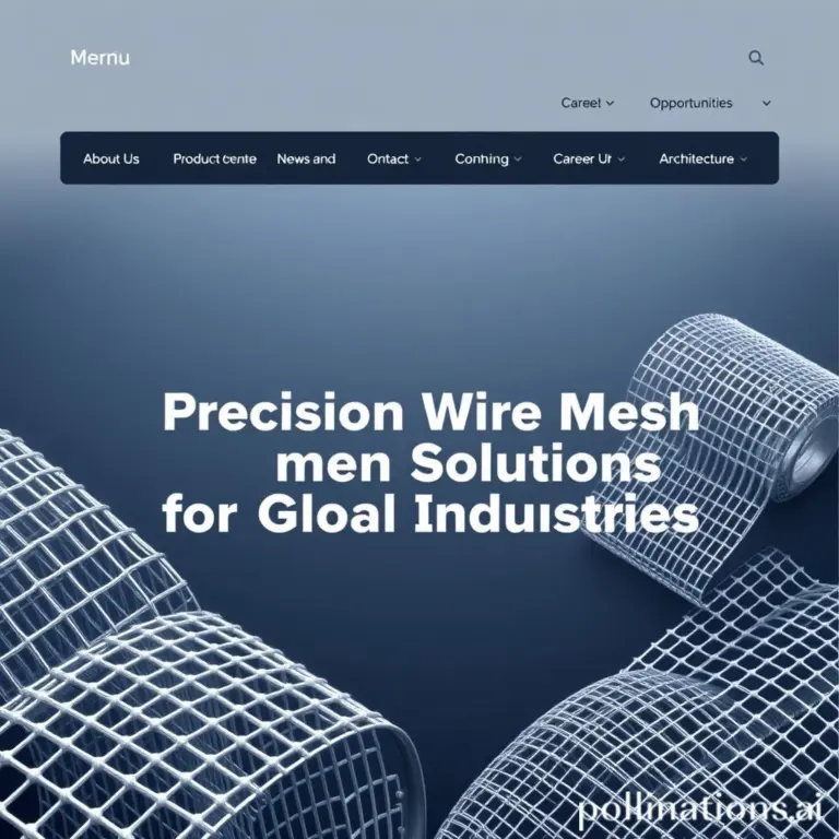 Homepage hero section with wire mesh background, navigation bar, and slogan.