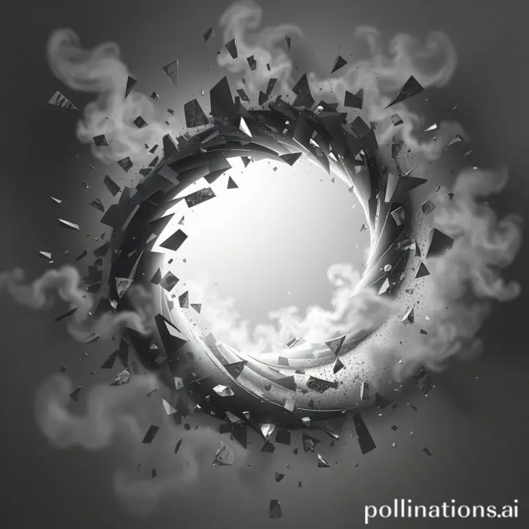 Abstract grey vortex with shattered geometric fragments and smoke.