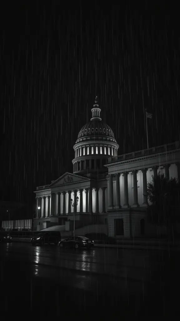 Monochromatic noir illustration of finance and government, with rain-like streaks and sharp lines.