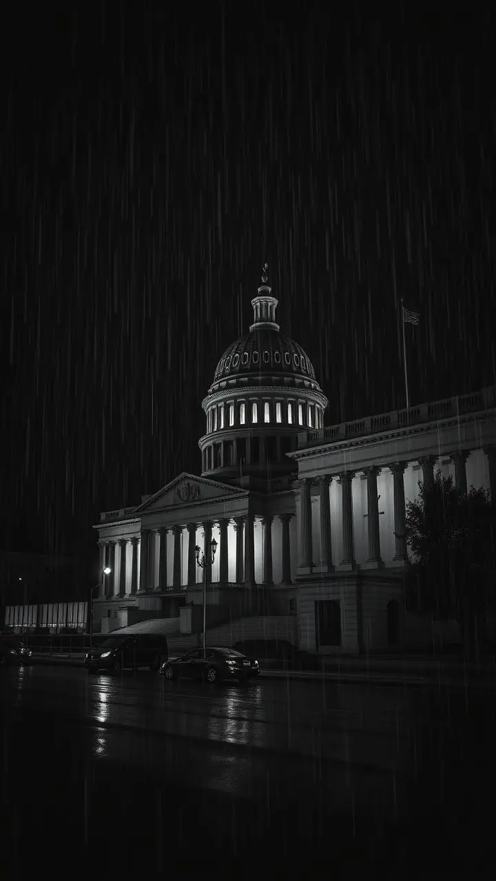 Monochromatic noir illustration of finance and government, with rain-like streaks and sharp lines.