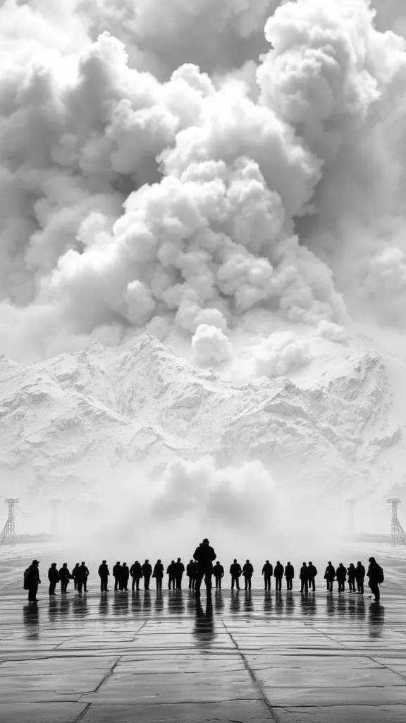 Monochrome avalanche scene with foreground silhouettes on wet pavement.