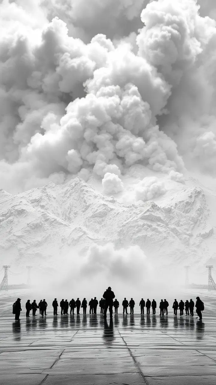 Monochrome avalanche scene with foreground silhouettes on wet pavement.