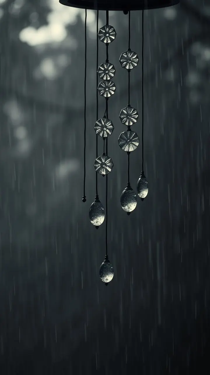 Monochrome wind chimes in a humid, dystopian landscape.