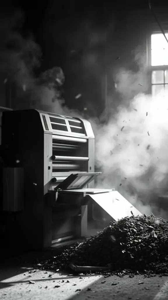 Monochrome photo of a printer with smoky debris, impressionist blur.