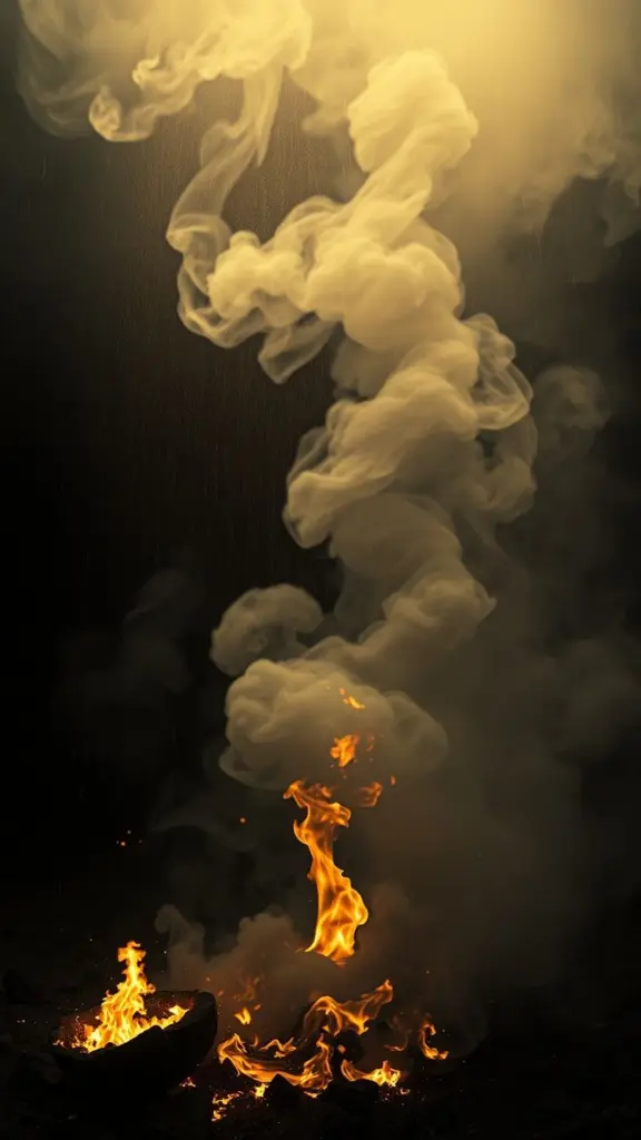 Monochrome infrared image of fire and smoke with golden rain and dust.