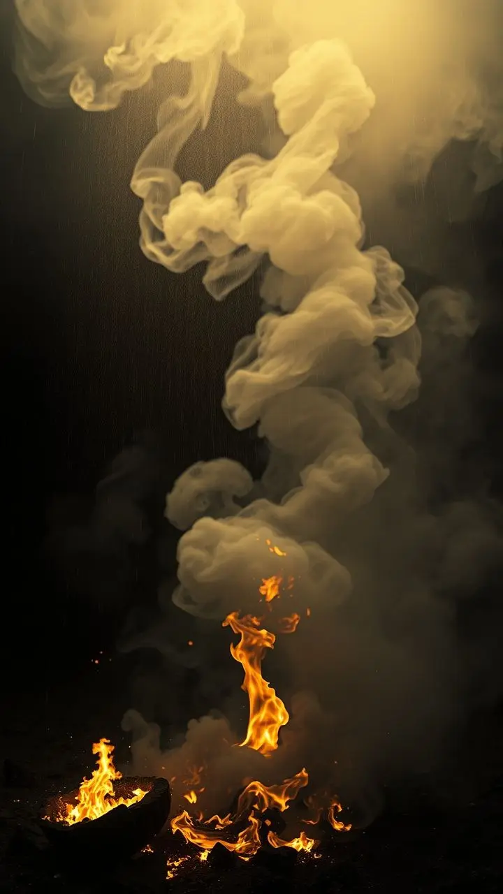 Monochrome infrared image of fire and smoke with golden rain and dust.