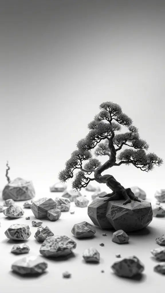 Low poly bonsai garden with fractaling stones, monochrome, studio lighting.