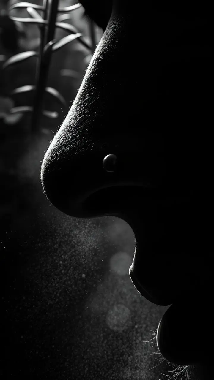 Monochrome close-up of a nose with a stud, neon noir lighting, dust, and foliage.
