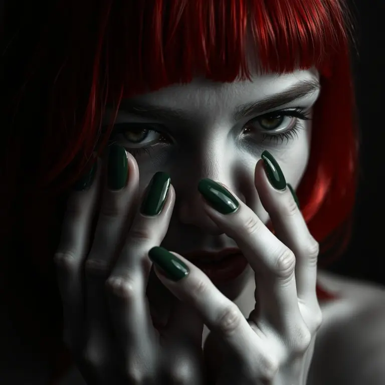 Monochrome photo of a person with dark green fingernails and bright red hair.
