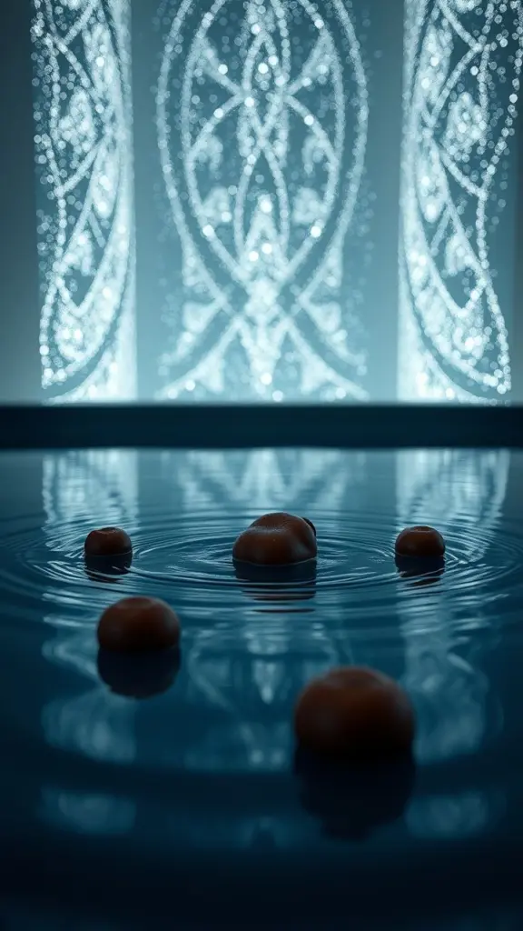 Monochrome scene with water, chestnuts, and twinkling walls.
