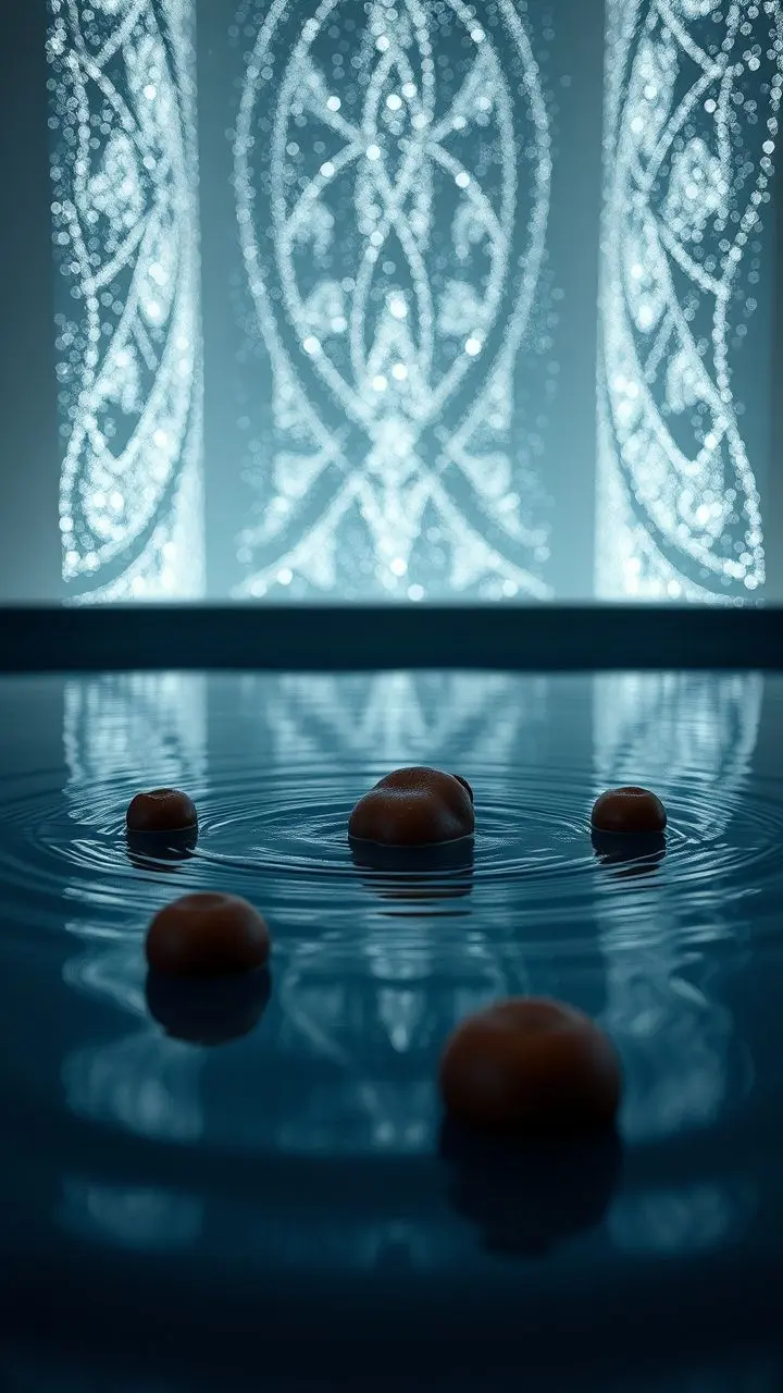 Monochrome scene with water, chestnuts, and twinkling walls.
