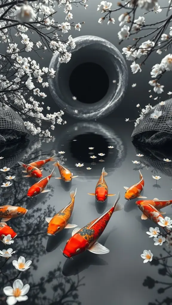 Monochrome spring koi pond with floating blossoms, koi fish, netting, and a black hole in the background.