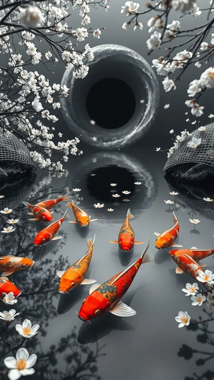Monochrome spring koi pond with floating blossoms, koi fish, netting, and a black hole in the background.