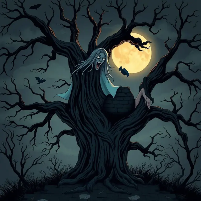 Ghostly figure in 1960s cartoon style emerging from a spooky tree.