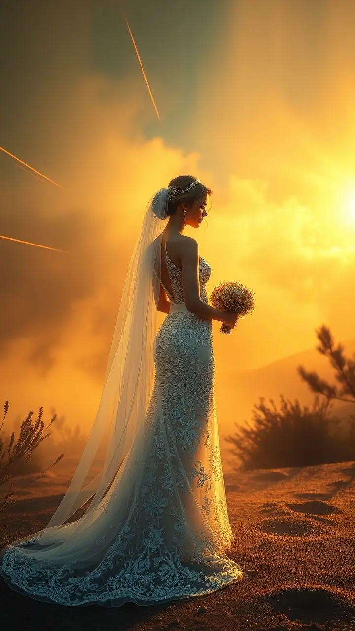 Bride in a golden Montana landscape with smoky atmosphere and futuristic hints.