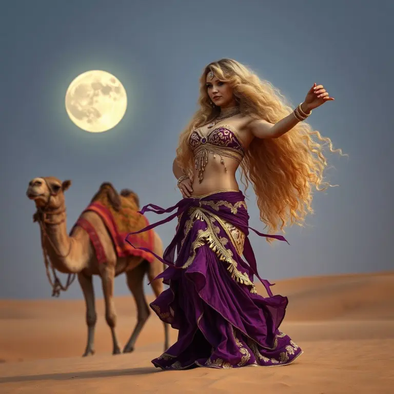 Belly dancer in purple and gold costume dancing in a desert at night with a camel and full moon.