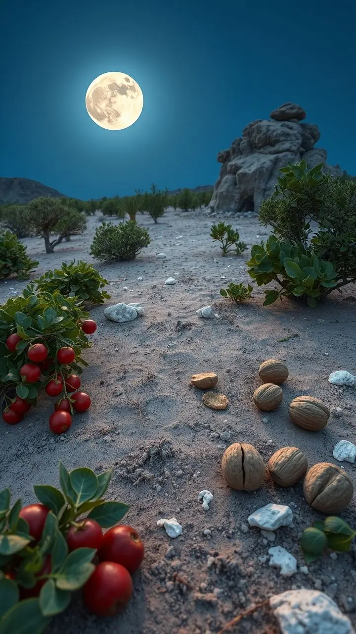 Moonlit desert garden with jujube fruits and walnuts on a farm.