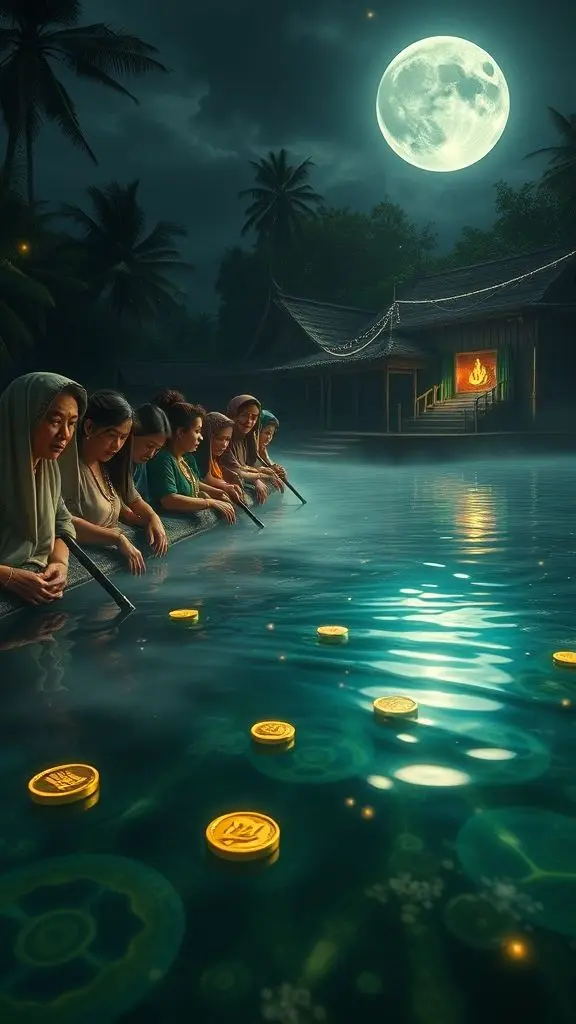 Thai villagers observing glowing treasures in a magical pond at night.