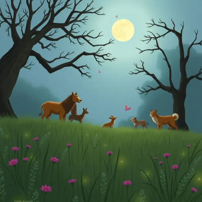 Animals playing hide and seek in a moonlit forest.