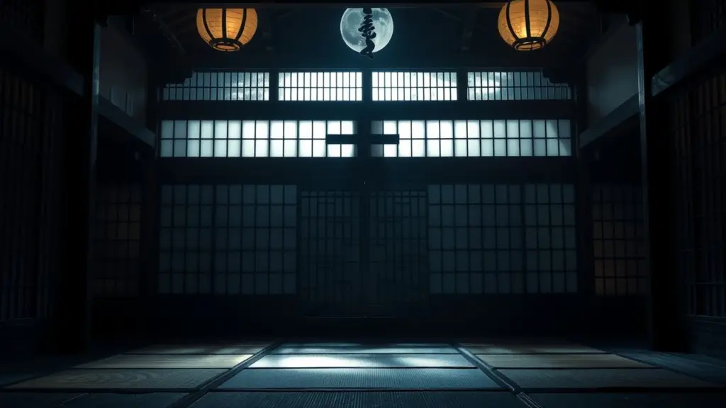 Interior of a Japanese shrine with moonlight through shoji screens.
