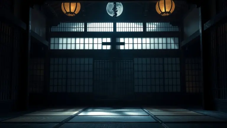 Interior of a Japanese shrine with moonlight through shoji screens.