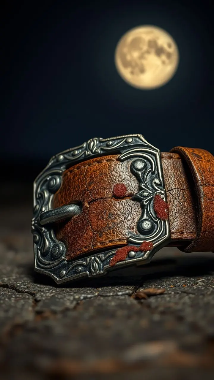 Close-up of a vintage leather belt and ornate metal buckle.