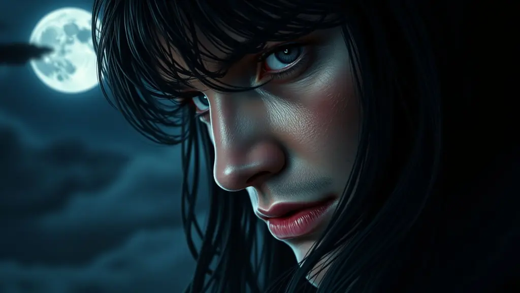 Close-up portrait of a dark-haired poet with piercing eyes, illuminated by moonlight.