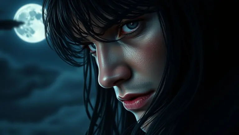 Close-up portrait of a dark-haired poet with piercing eyes, illuminated by moonlight.
