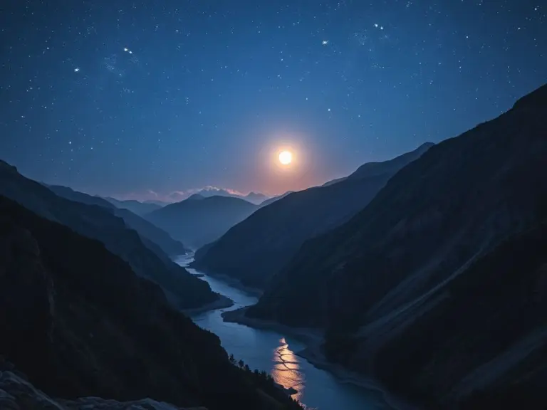 Moonlit river flowing through rocky cliffs in Dzhangitau Gora mountains at night with starry sky.