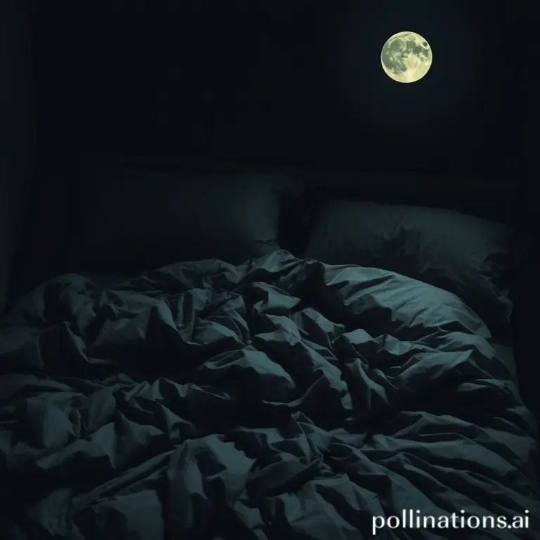 A messy bed with dark sheets under moonlight.